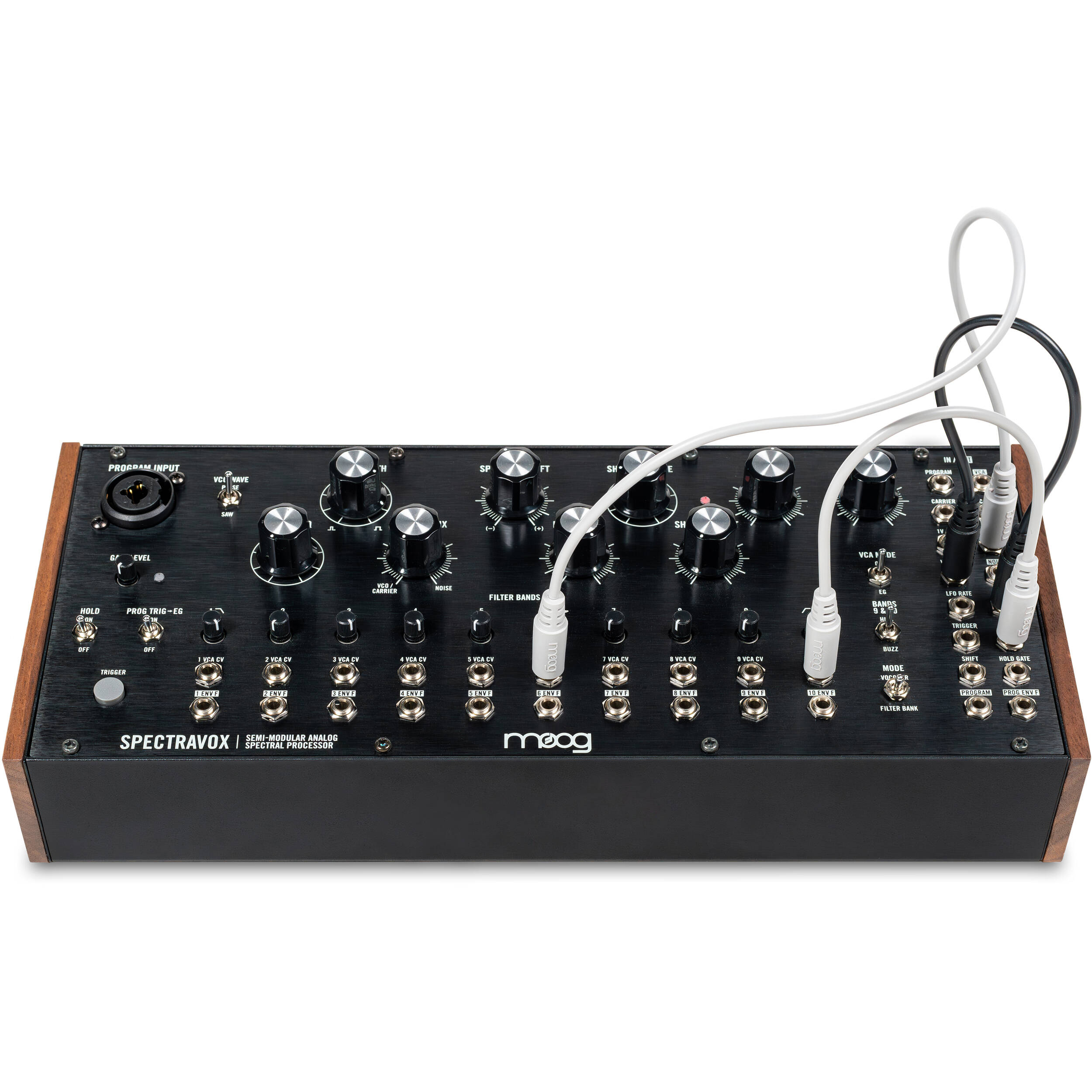 Moog Spectravox synthesizer with control panel and knobs, showcasing vintage-style electronic music equipment.