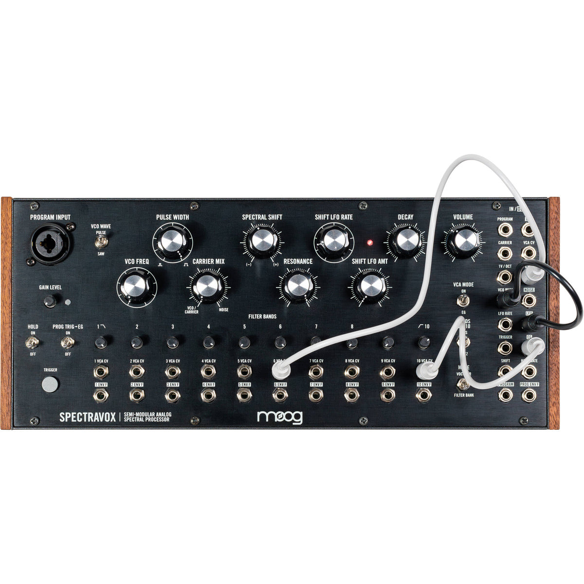 Moog Spectravox synthesizer with control panel and knobs, showcasing vintage-style audio equipment for music production.