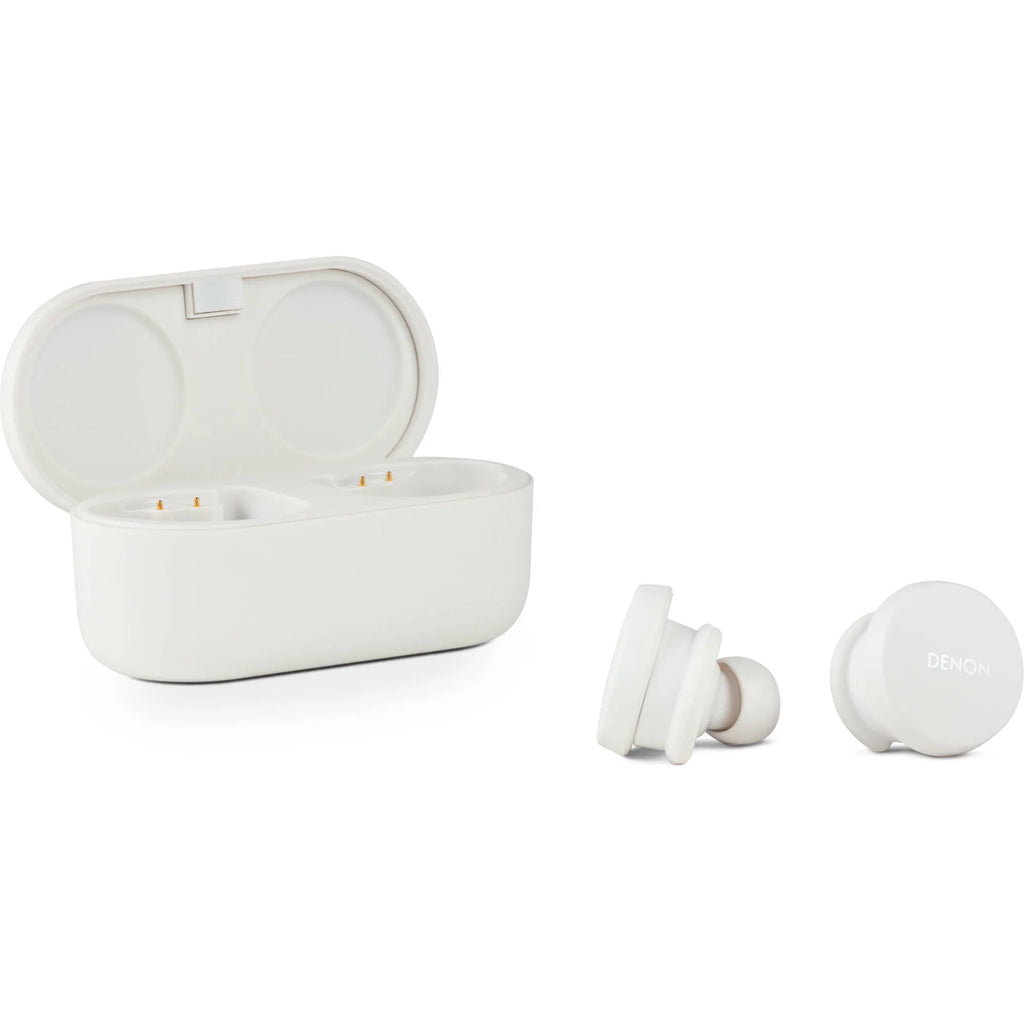 Denon PerL wireless in-ear headphones with sleek black design and ergonomic earbuds for comfortable listening.