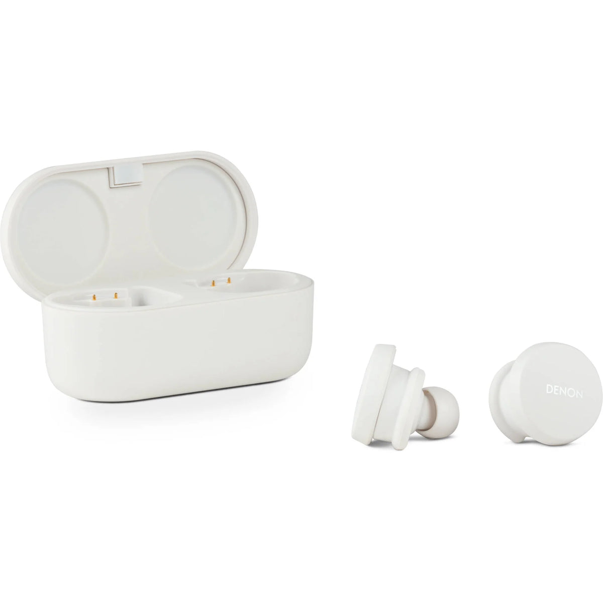 Denon PerL wireless in-ear headphones with sleek black design and ergonomic earbuds for comfortable listening.