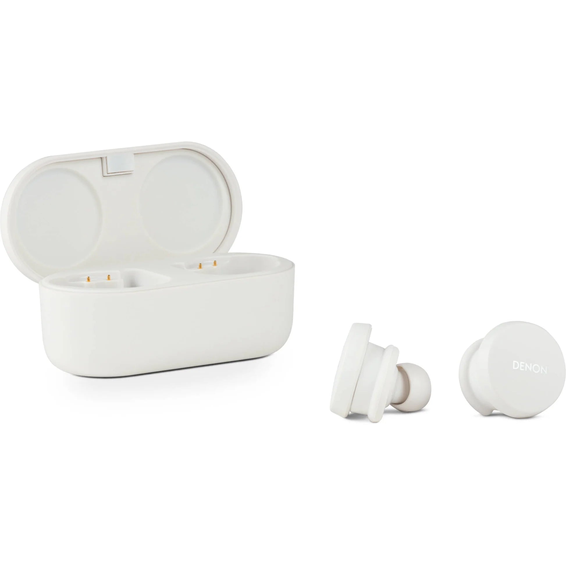 Denon PerL wireless in-ear headphones with sleek black design and ergonomic earbuds for comfortable listening.