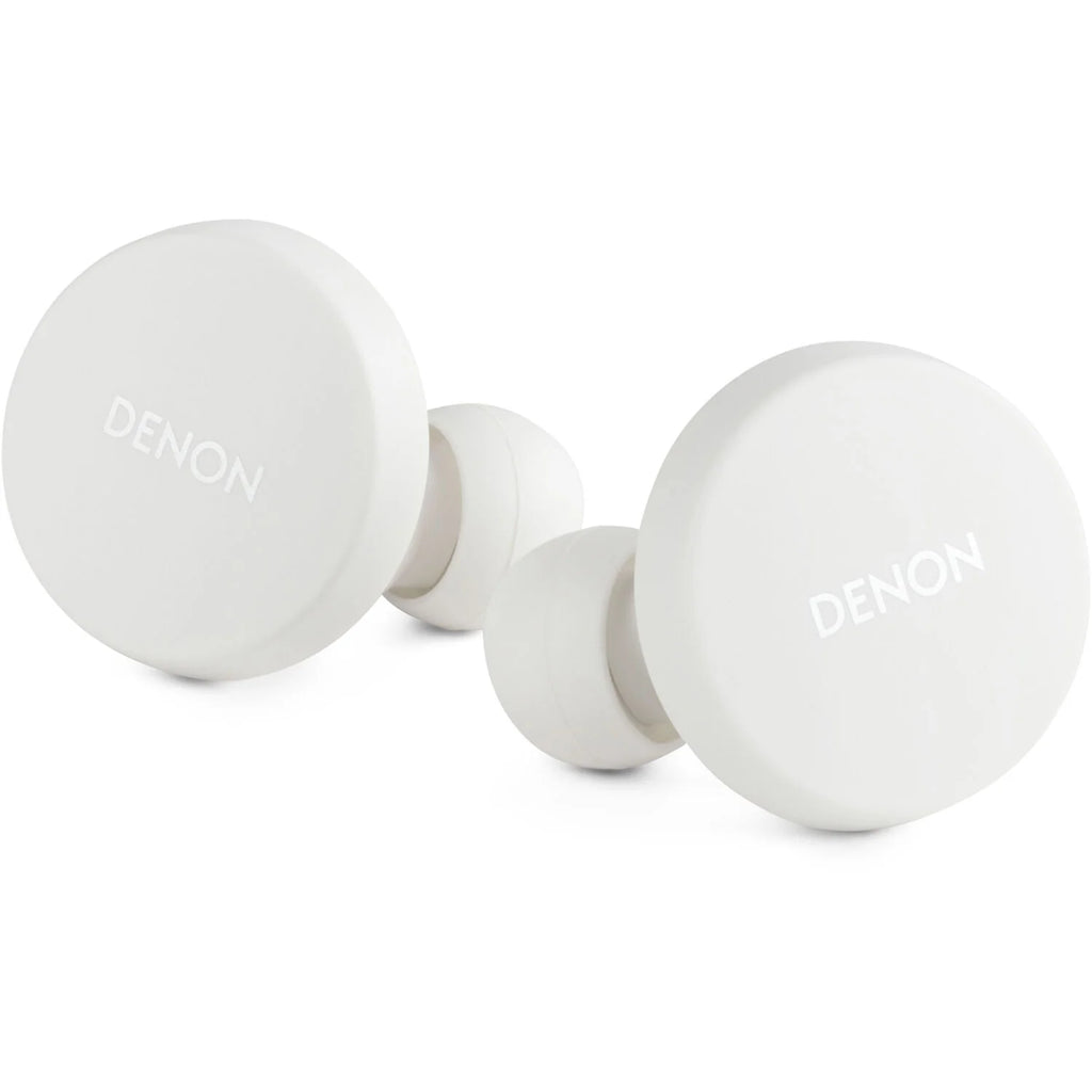Denon PerL wireless in-ear headphones with sleek design and built-in ear tips for comfortable listening.
