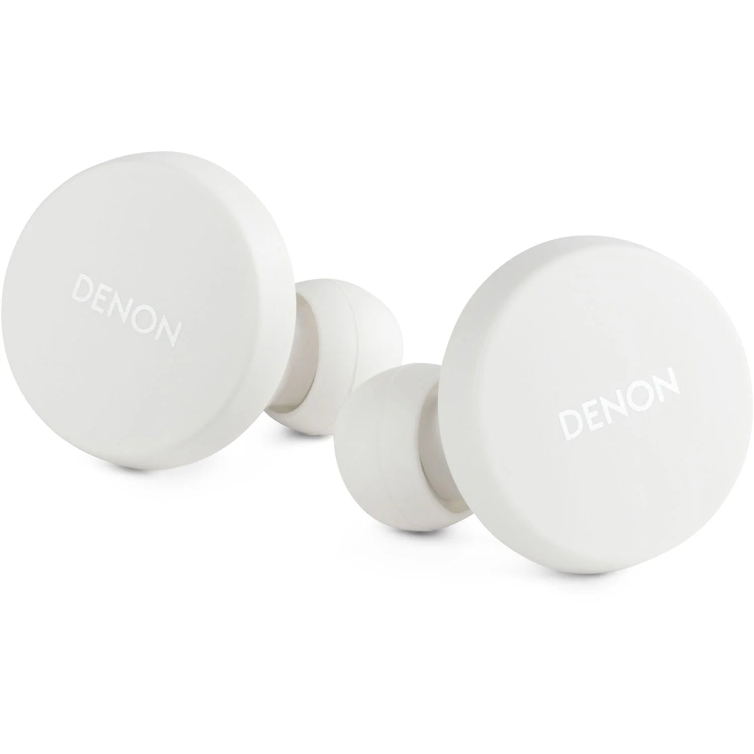 Denon PerL wireless in-ear headphones with sleek design and built-in ear tips for comfortable listening.