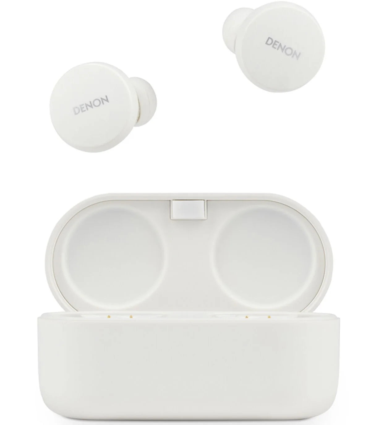 Denon PerL wireless in-ear headphones with sleek design and ergonomic fit for high-quality audio.