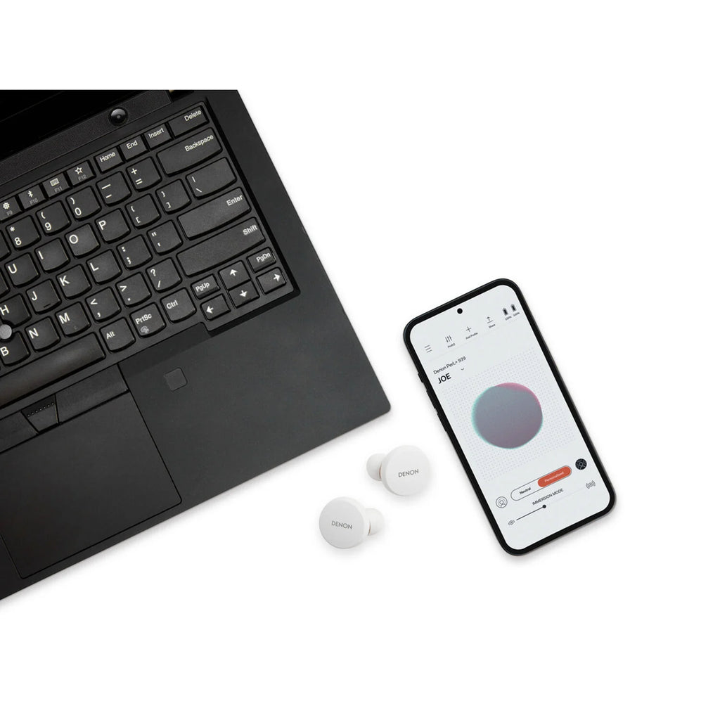 Denon PerL wireless in-ear headphones with sleek design and compact charging case, black color, on a white background.
