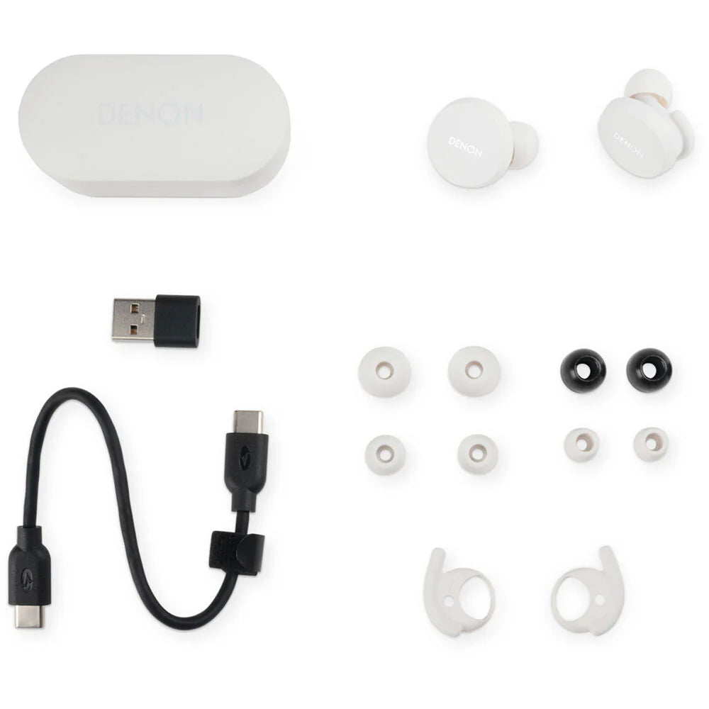 Denon PerL wireless in-ear headphones with sleek black design, in-ear earbuds, and built-in controls.