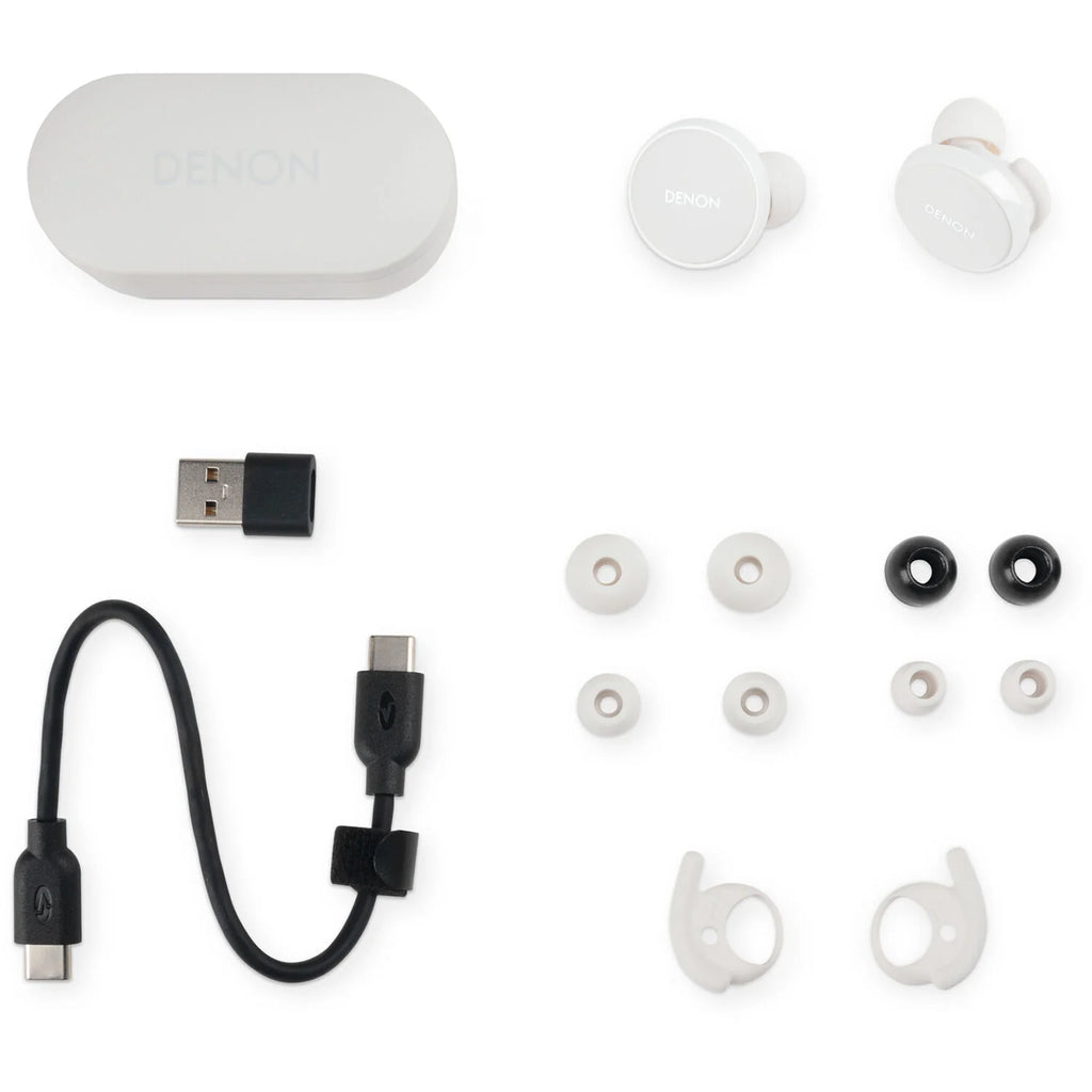 Denon PerL PRO wireless in-ear headphones with sleek design and ergonomic fit, shown in black on a plain background.