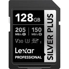 Lexar SDXC Silver Plus 1066X UHS-I U3 memory card with V30 speed class, silver design, and capacity details visible.