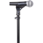Shure floor microphone stand with adjustable height and stable base, designed for professional audio and stage performances.