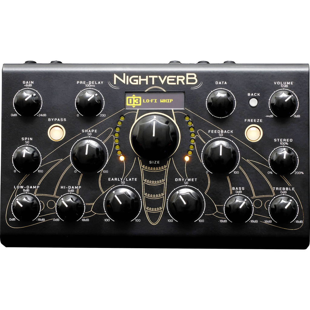 Erica Synths Nightverb effects pedal with control knobs and input/output jacks, used for guitar or audio processing.