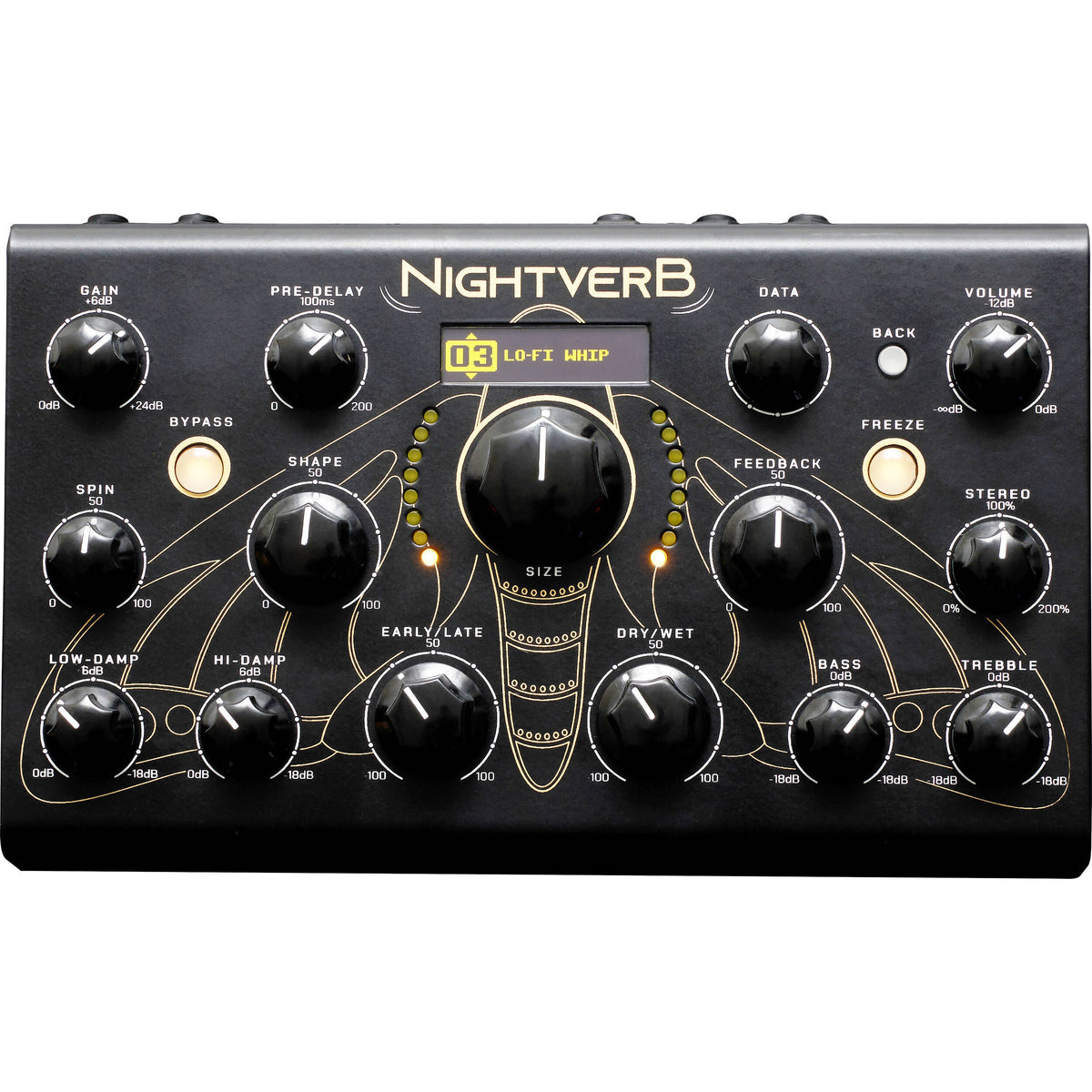 Erica Synths Nightverb effects pedal with control knobs and input/output jacks, used for guitar or audio processing.