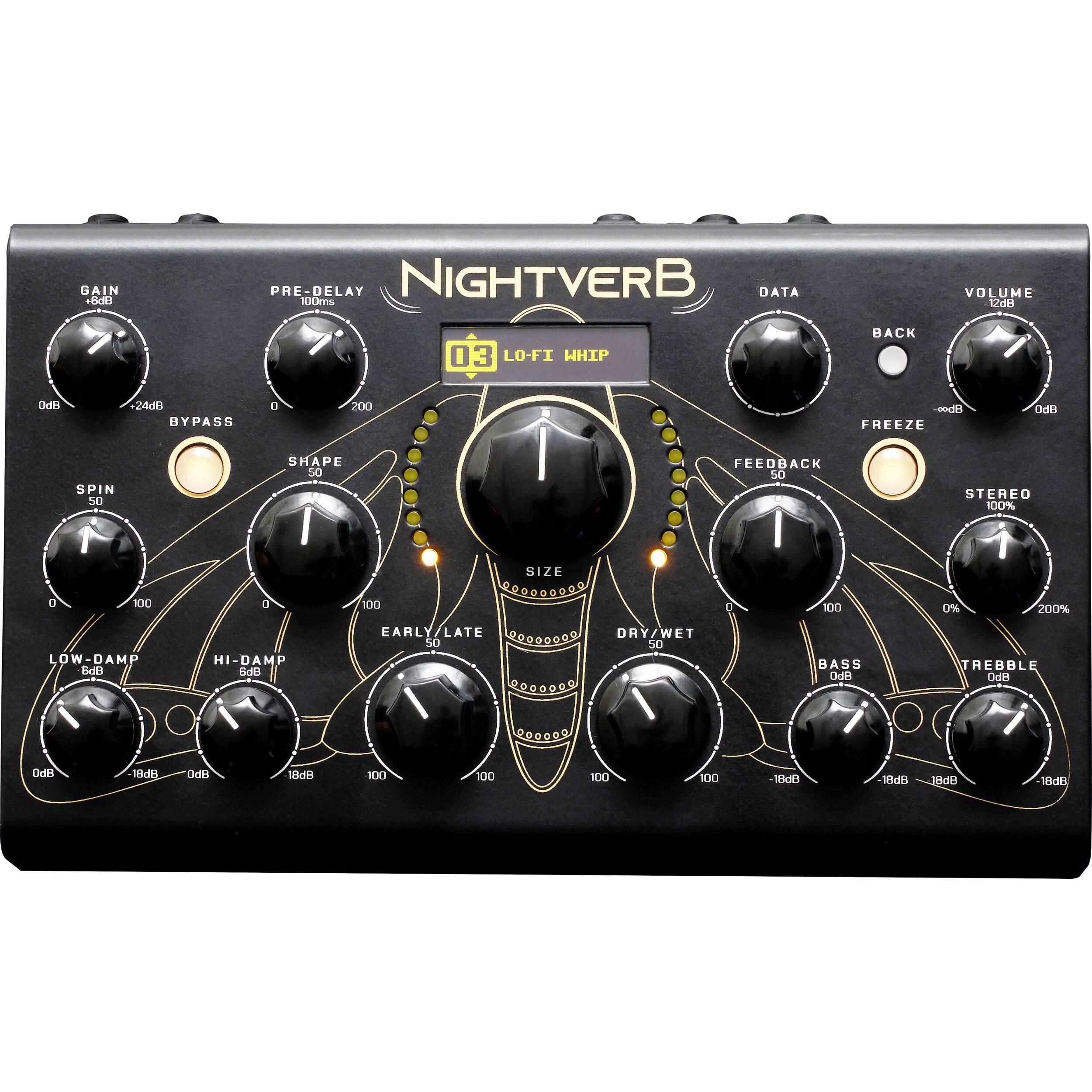 Erica Synths Nightverb effects pedal with control knobs and input/output jacks, used for guitar or audio processing.