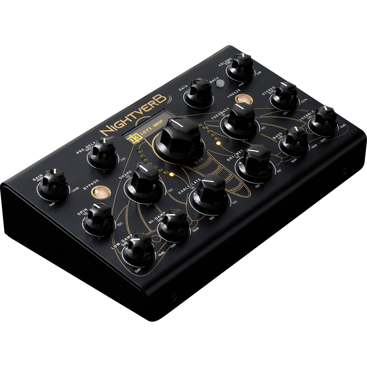 Erica Synths Nightverb effects pedal with control knobs and input/output jacks, used for creating reverberation and ambient sound effects.