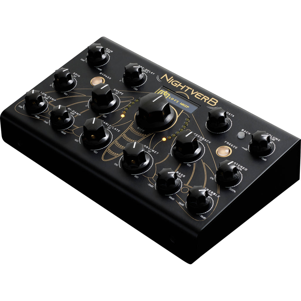 Erica Synths Nightverb effects pedal with dark gray casing and control knobs, used for guitar and audio effect processing.