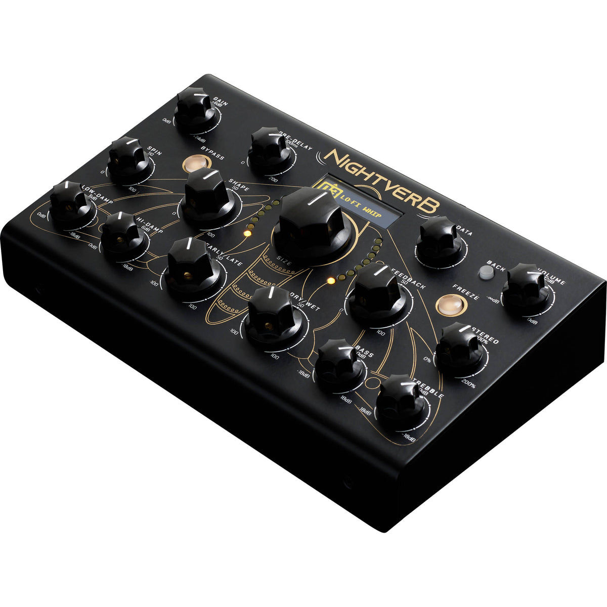 Erica Synths Nightverb effects pedal with dark gray casing and control knobs, used for guitar and audio effect processing.