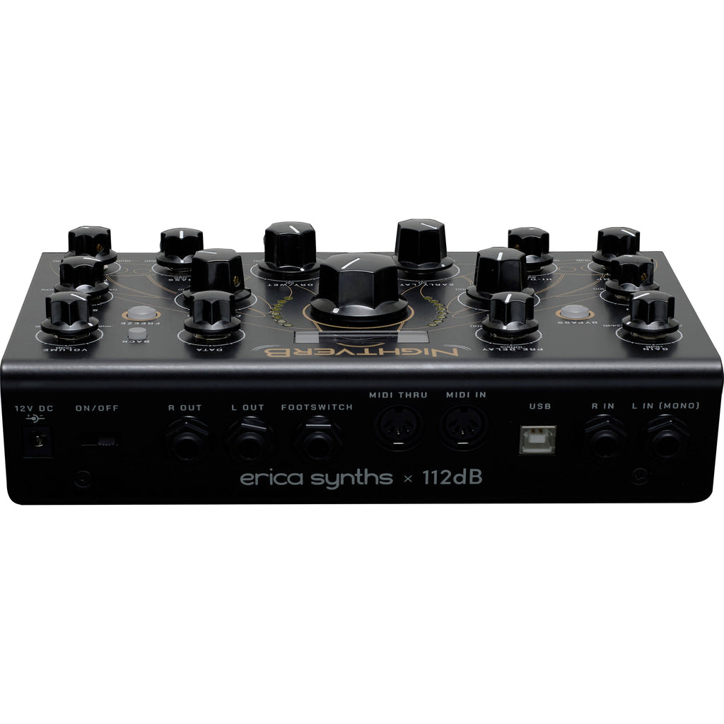Erica Synths Nightverb effects pedal with controls and input/output jacks, designed for guitar and audio processing.