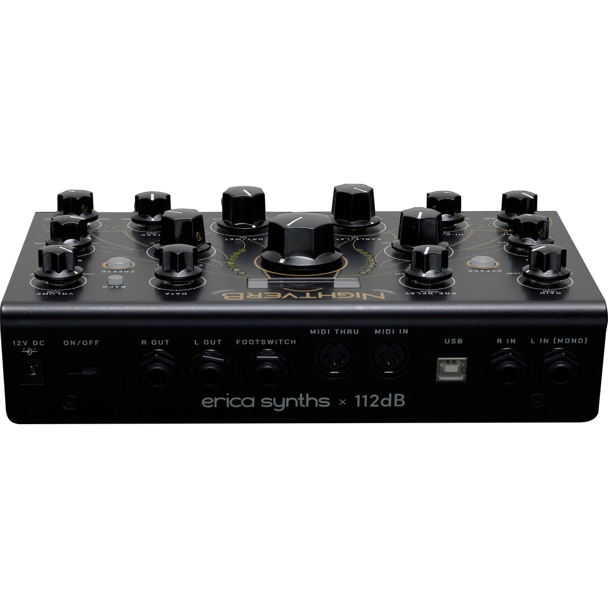 Erica Synths Nightverb effects pedal with controls and input/output jacks, designed for guitar and audio processing.