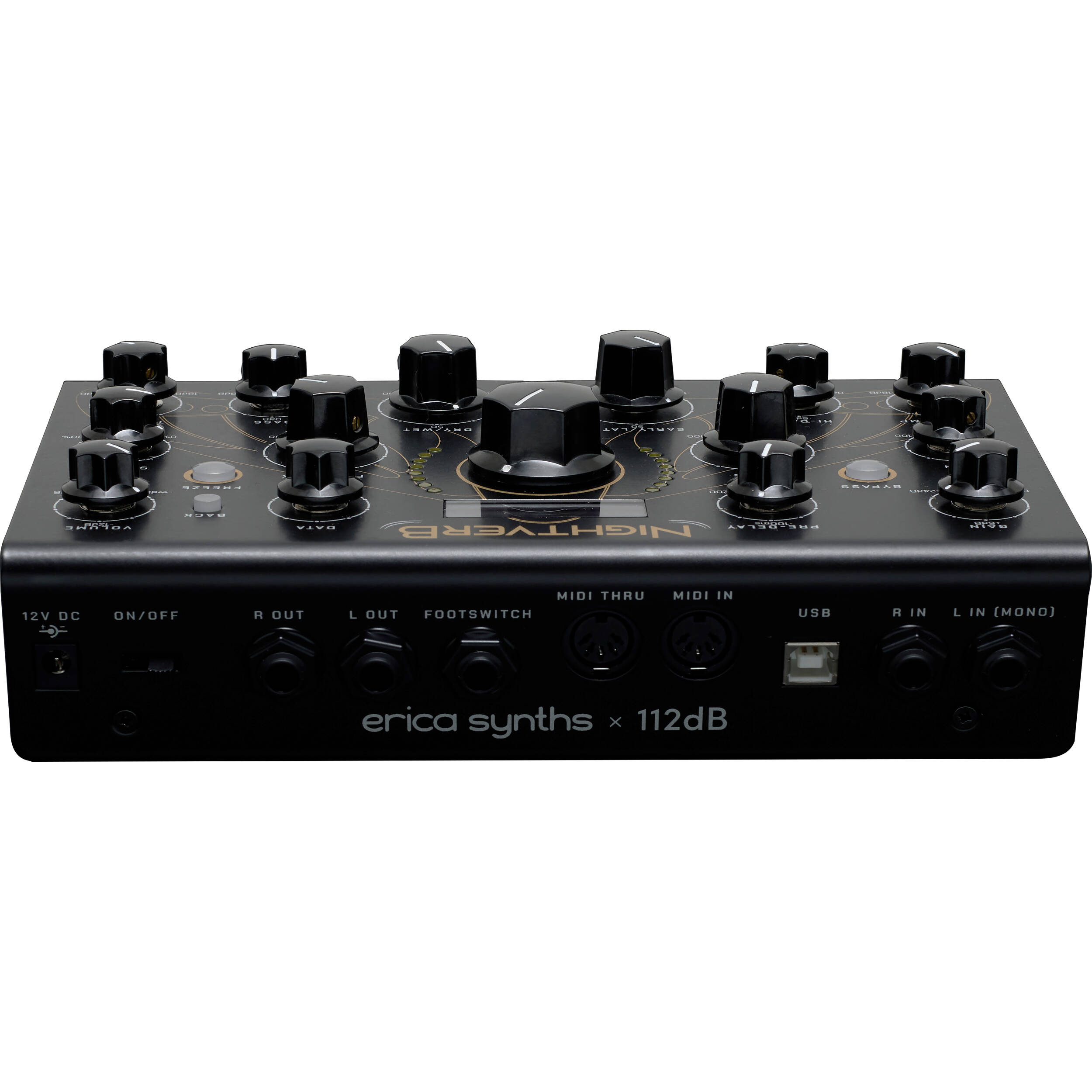Erica Synths Nightverb effects pedal with controls and input/output jacks, designed for guitar and audio processing.