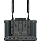 Hollyland Pyro 7 video monitor set showing dual monitors with control interfaces and connection ports for professional video production