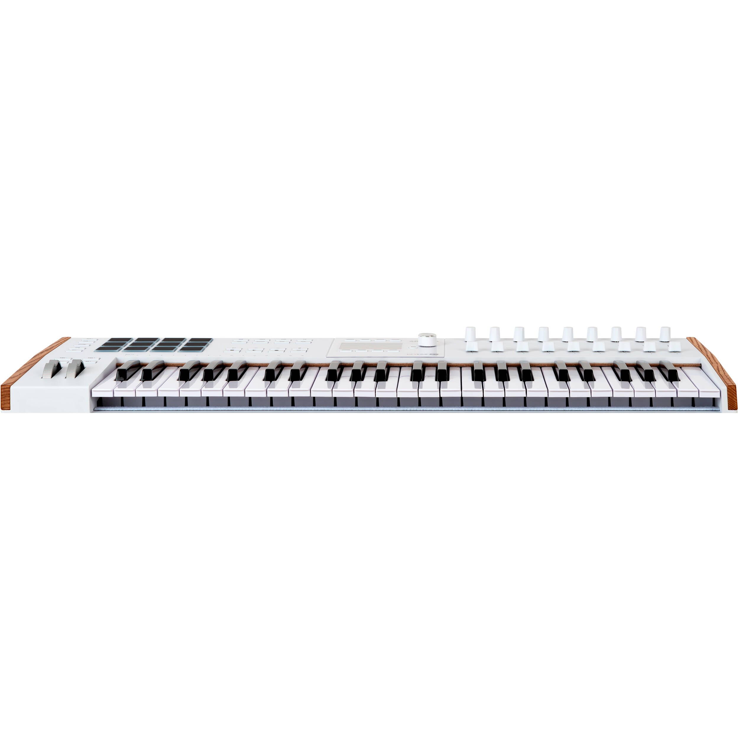 Arturia KeyLab 49 MK3 MIDI keyboard with 49 keys, control knobs, and transport buttons for music production.
