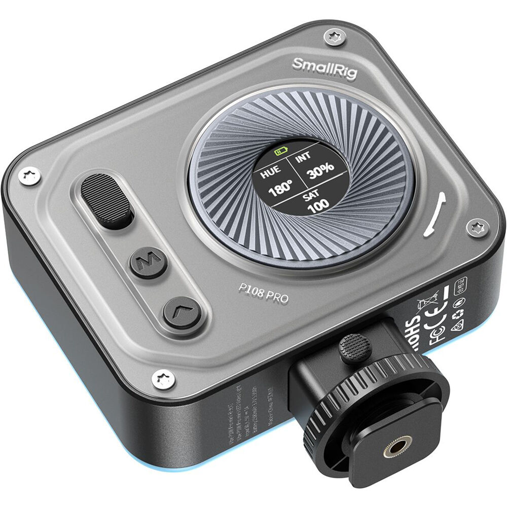 SmallRig Vibe P108 Pro Mini RGB LED Video Light in black showing compact design with adjustable brightness and color features.