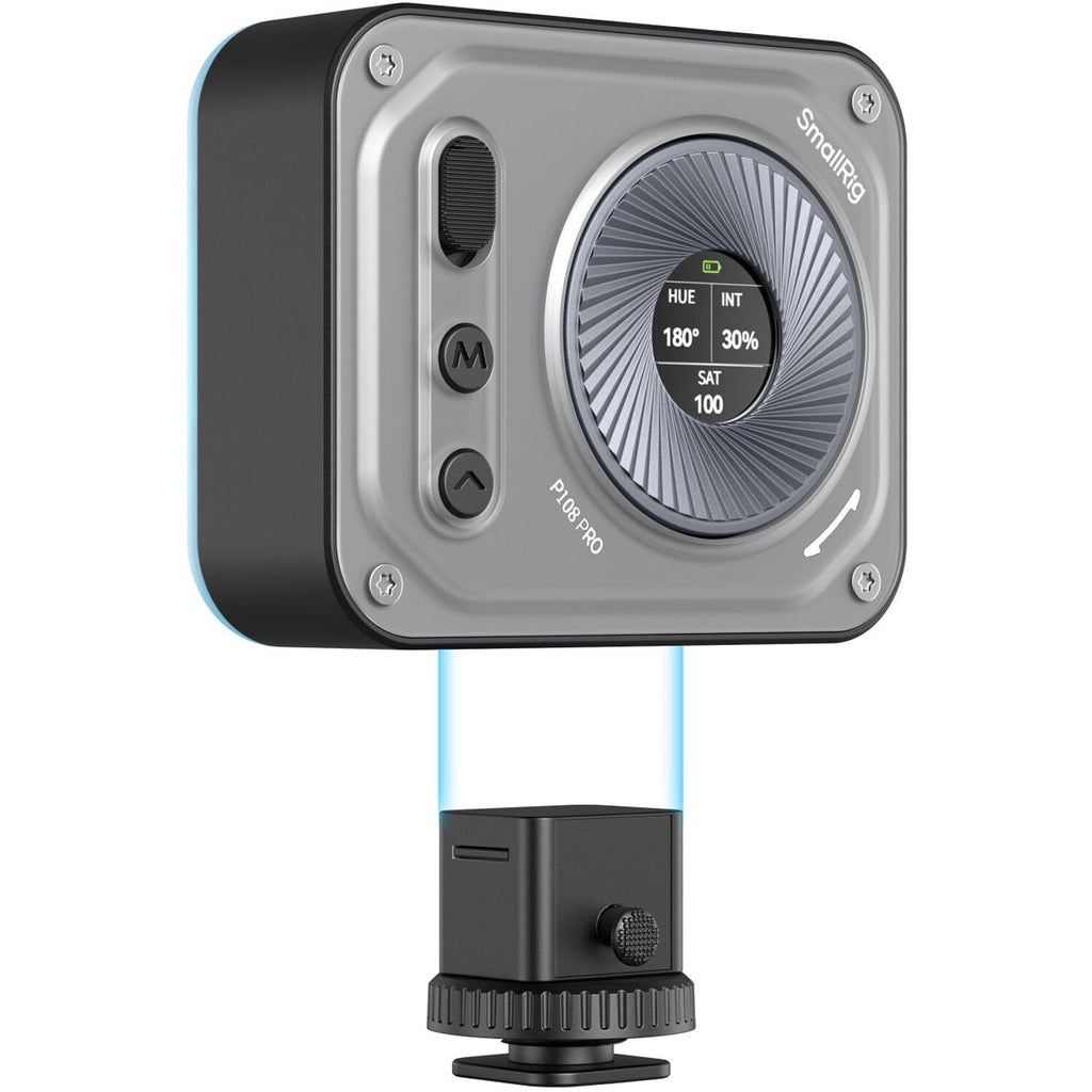 SmallRig Vibe P108 Pro Mini RGB LED video light in black, compact light with adjustable color and brightness for filming.