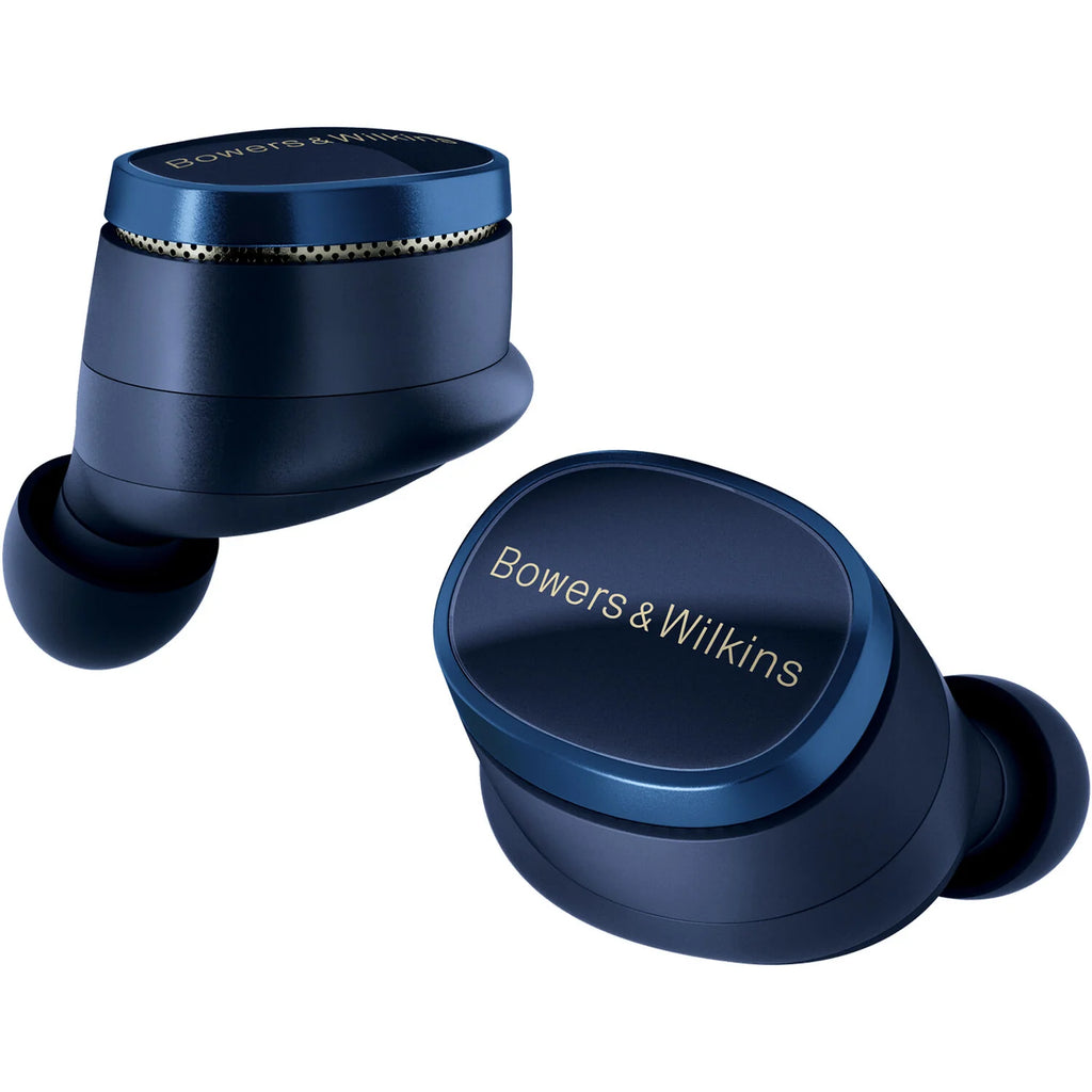 Bowers & Wilkins Pi8 wireless in-ear headphones with sleek black earbuds and compact charging case, close-up view.