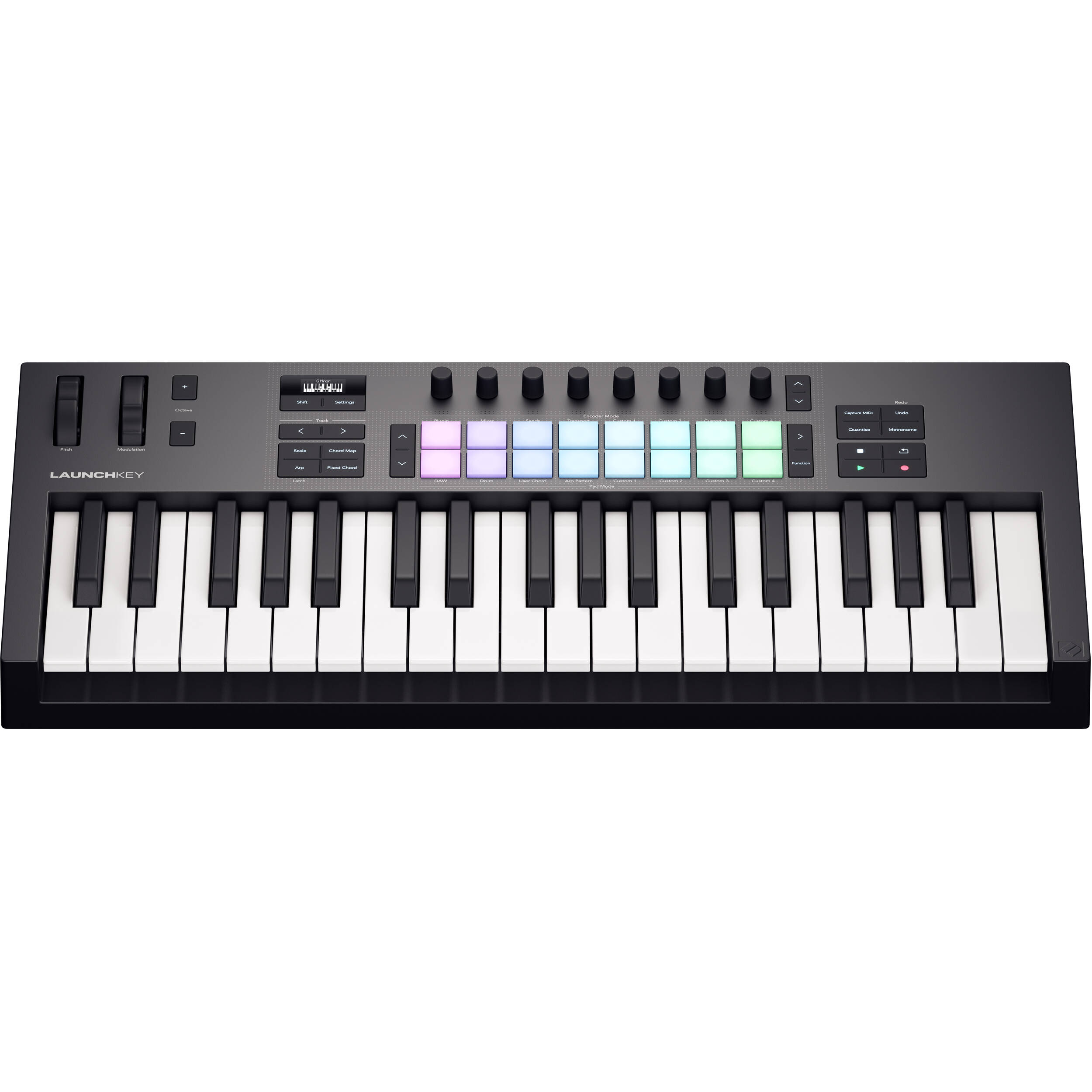 Novation Launchkey 37 MK4 MIDI keyboard with 37 keys and control knobs, used for music production and live performance.