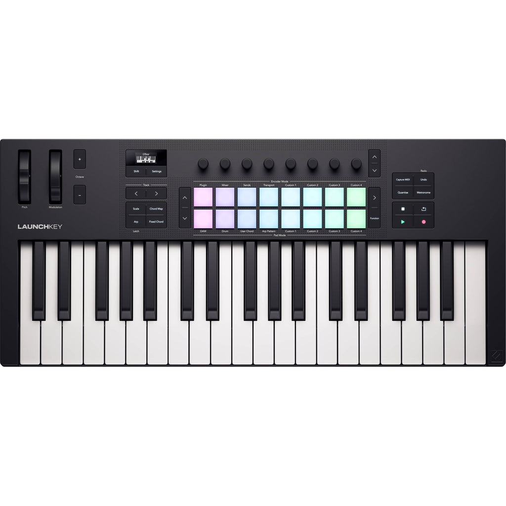 Novation Launchkey 37 MK4 MIDI keyboard with 37 keys, control knobs, and pads for music production.