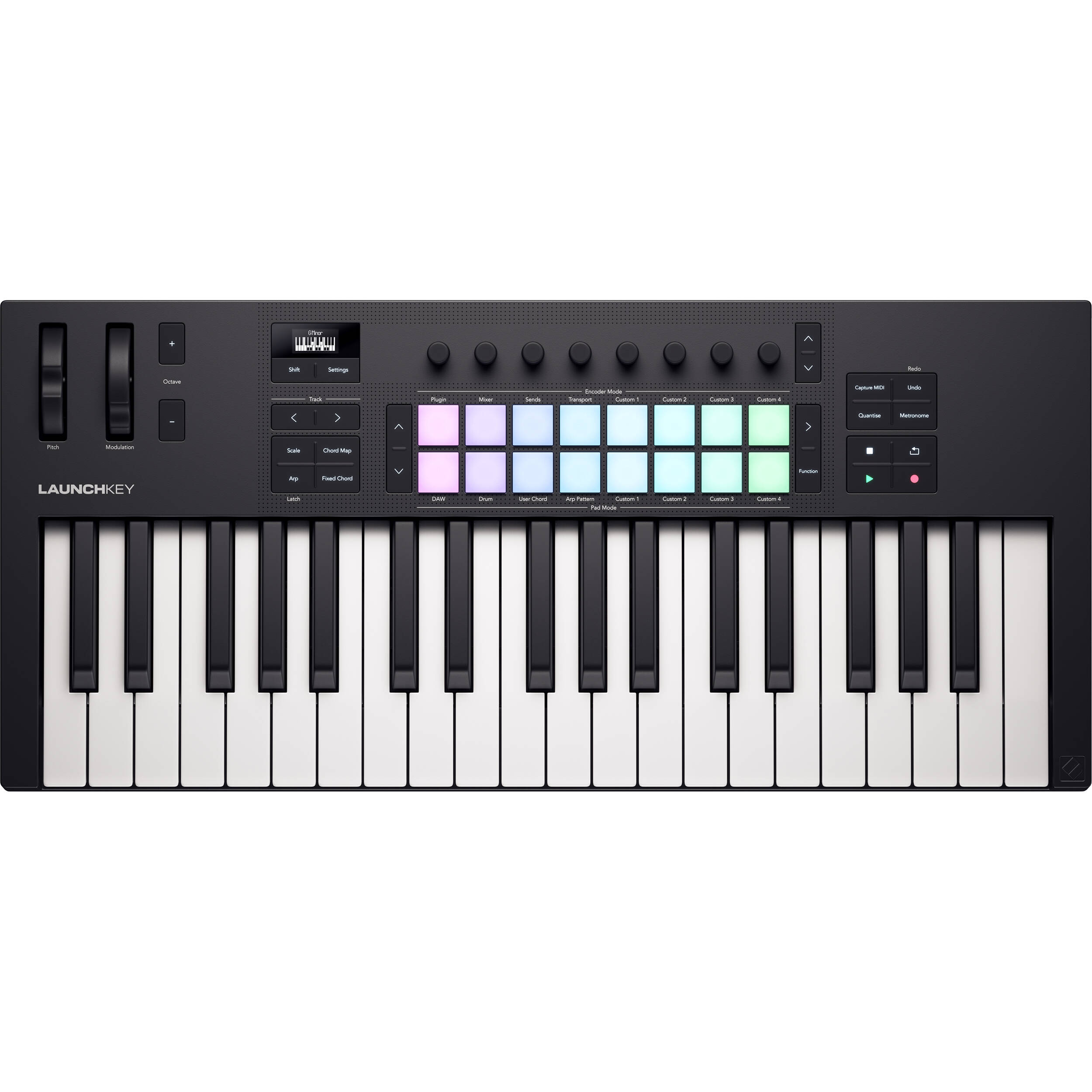 Novation Launchkey 37 MK4 MIDI keyboard with 37 keys, control knobs, and pads for music production.
