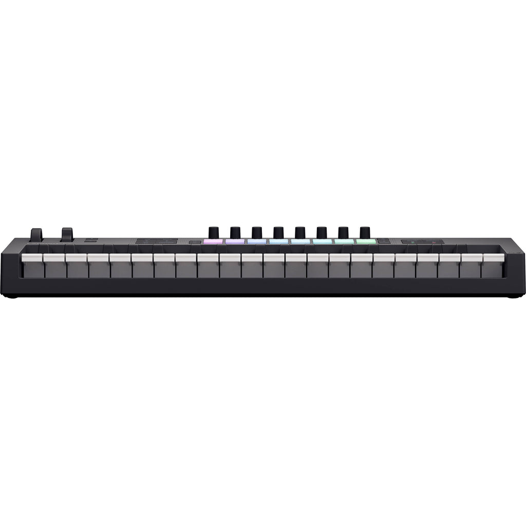 Novation Launchkey 37 MK4 MIDI keyboard with 37 keys, colorful control pads, and various knobs and buttons for music production