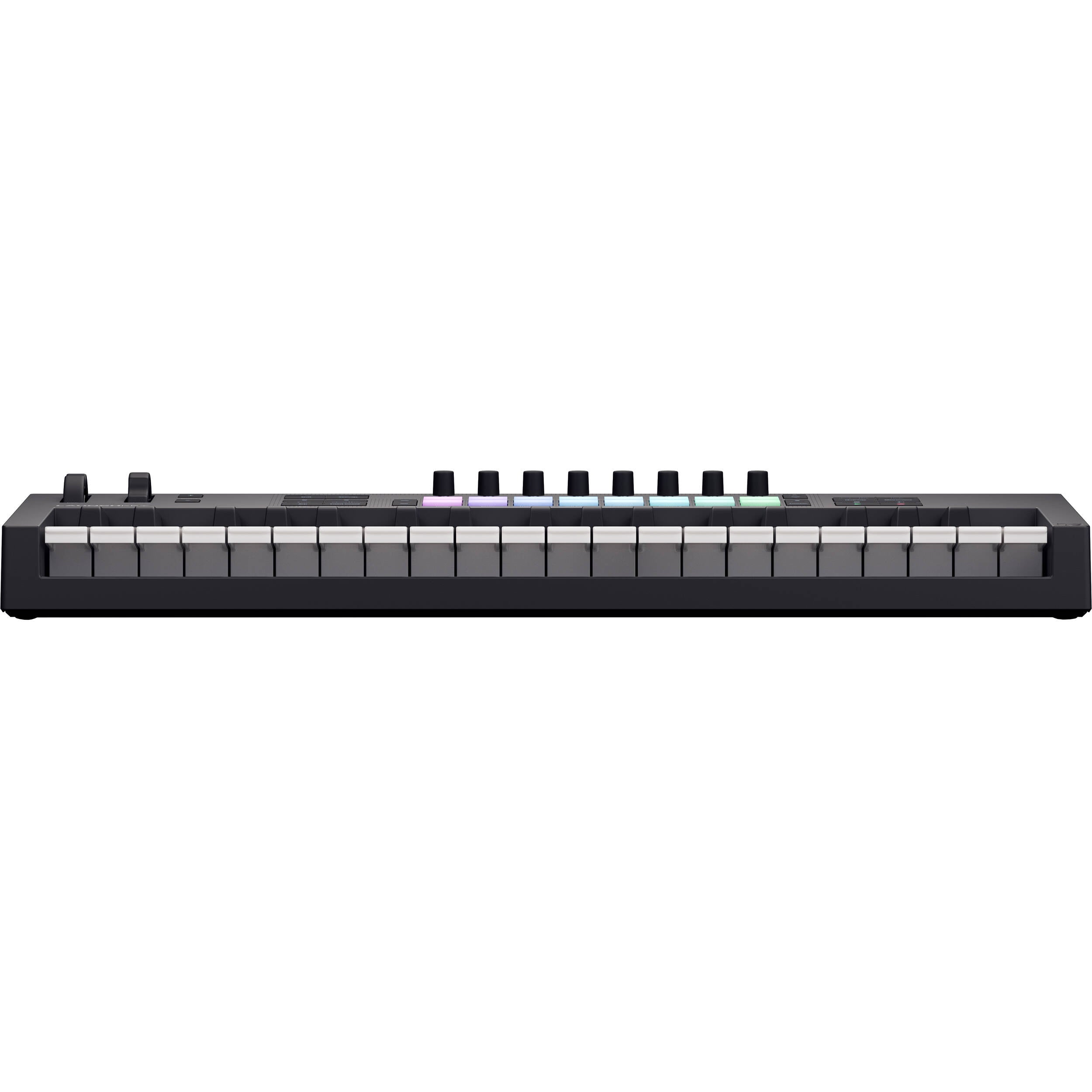 Novation Launchkey 37 MK4 MIDI keyboard with 37 keys, colorful control pads, and various knobs and buttons for music production