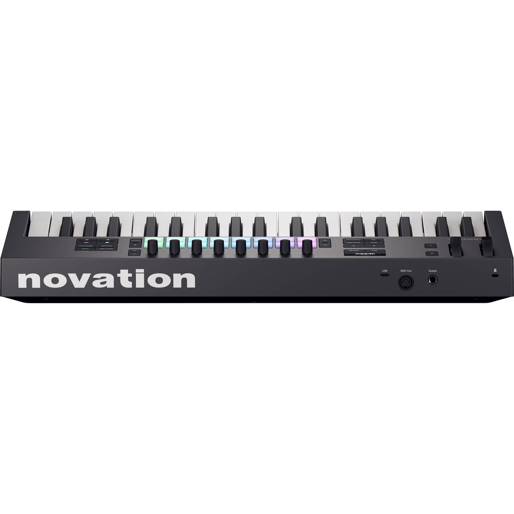 Novation Launchkey 37 MK4 MIDI keyboard with 37 keys, control knobs, and drum pads, designed for music production and performance.