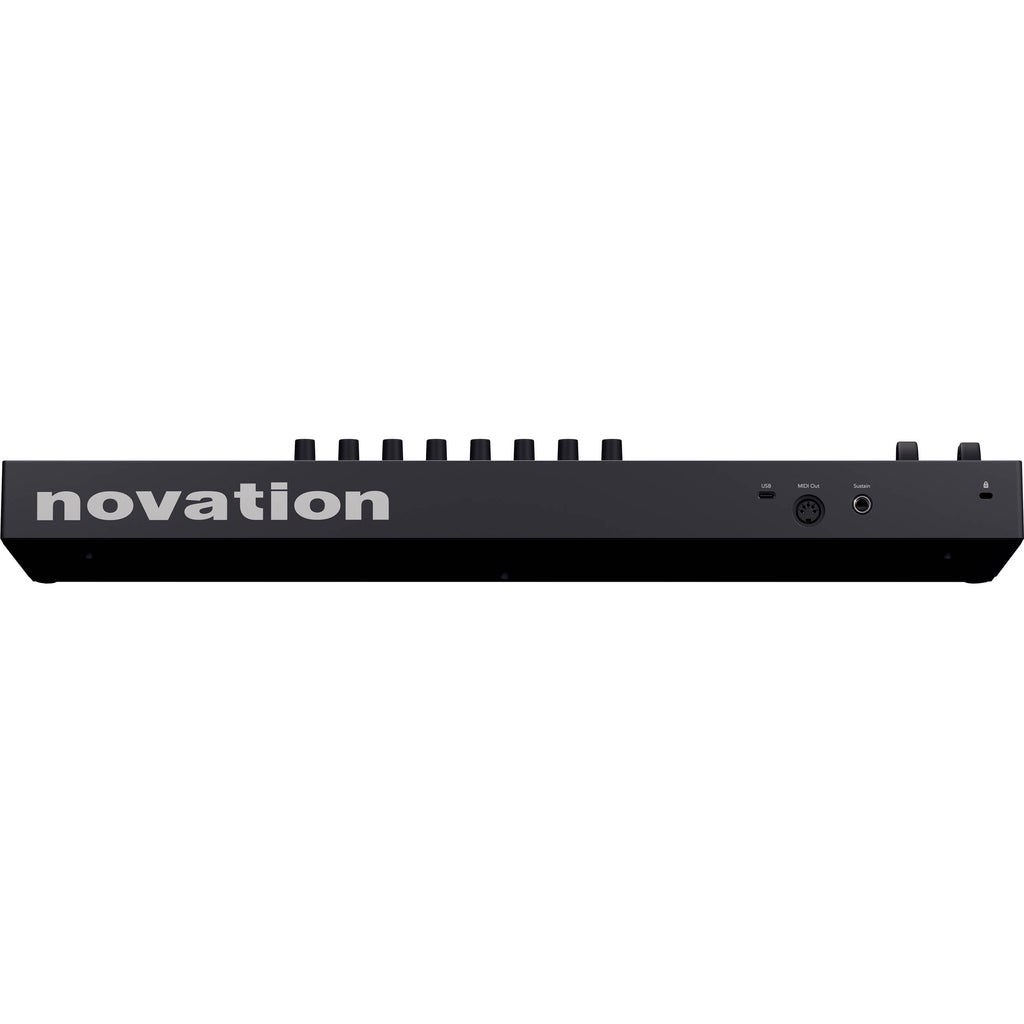 Novation Launchkey 37 MK4 MIDI keyboard with 37 keys, control knobs, and colorful pads for music production and performance.