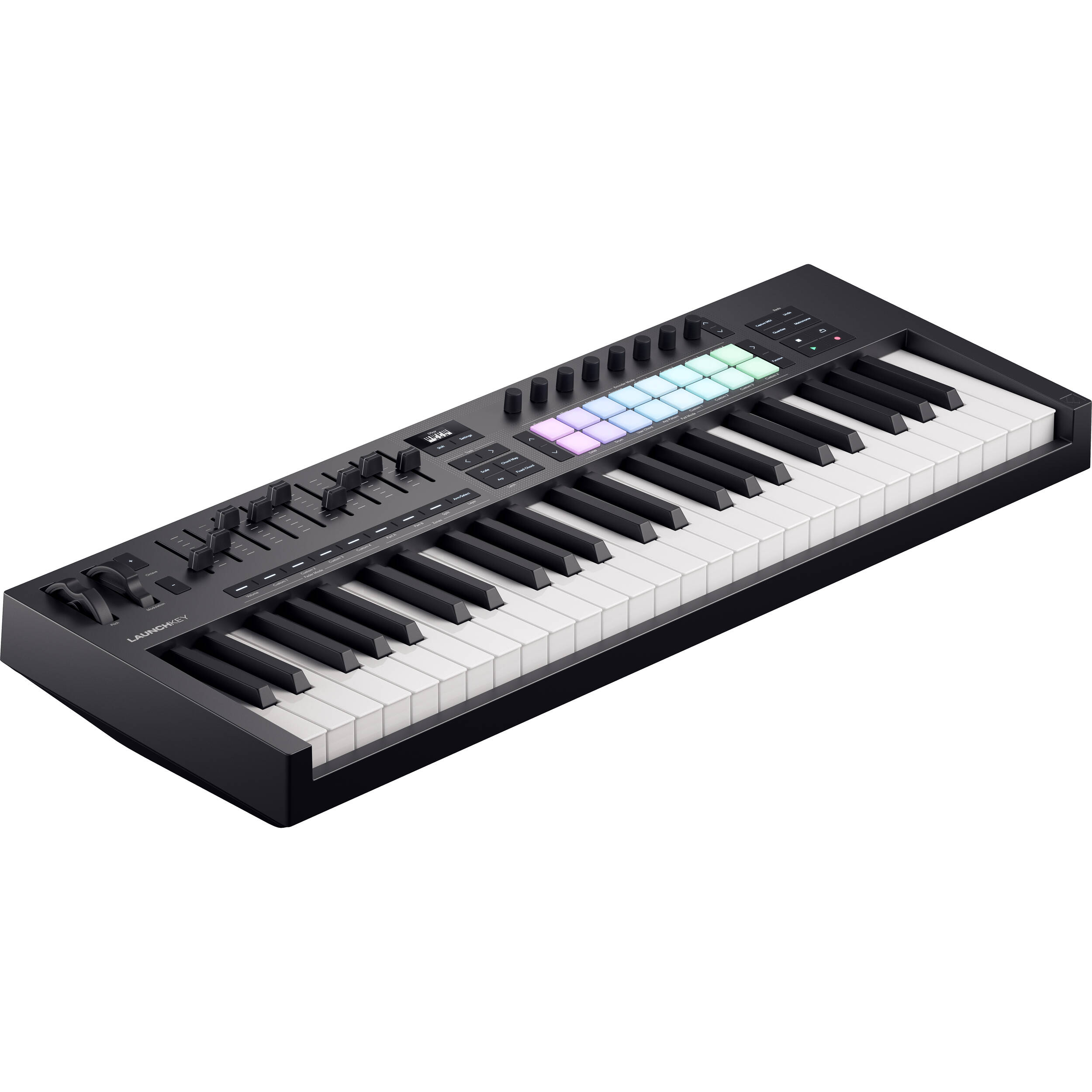 Novation Launchkey 49 MK4 MIDI keyboard with black keys and control knobs, designed for music production and live performance.