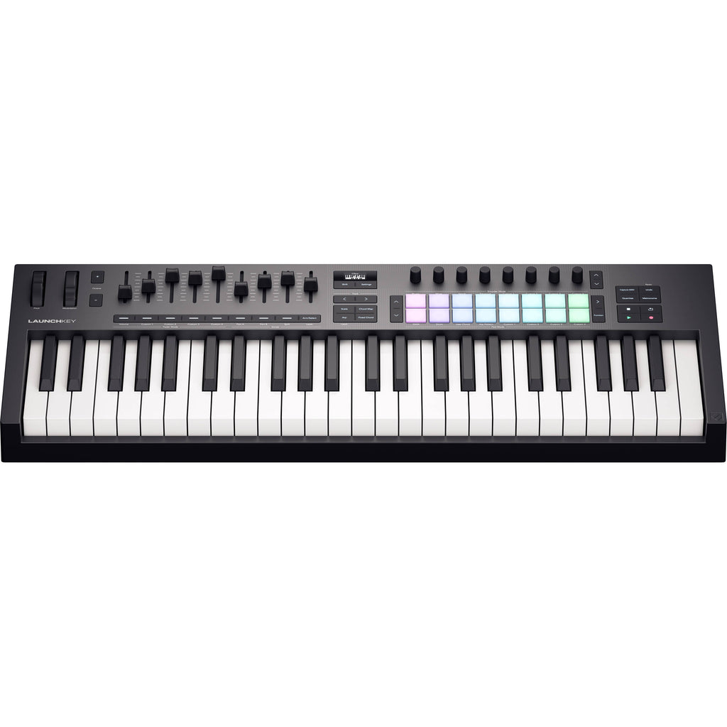 Novation Launchkey 49 MK4 MIDI keyboard with 49 keys, programmable controls, and integrated software for music production.