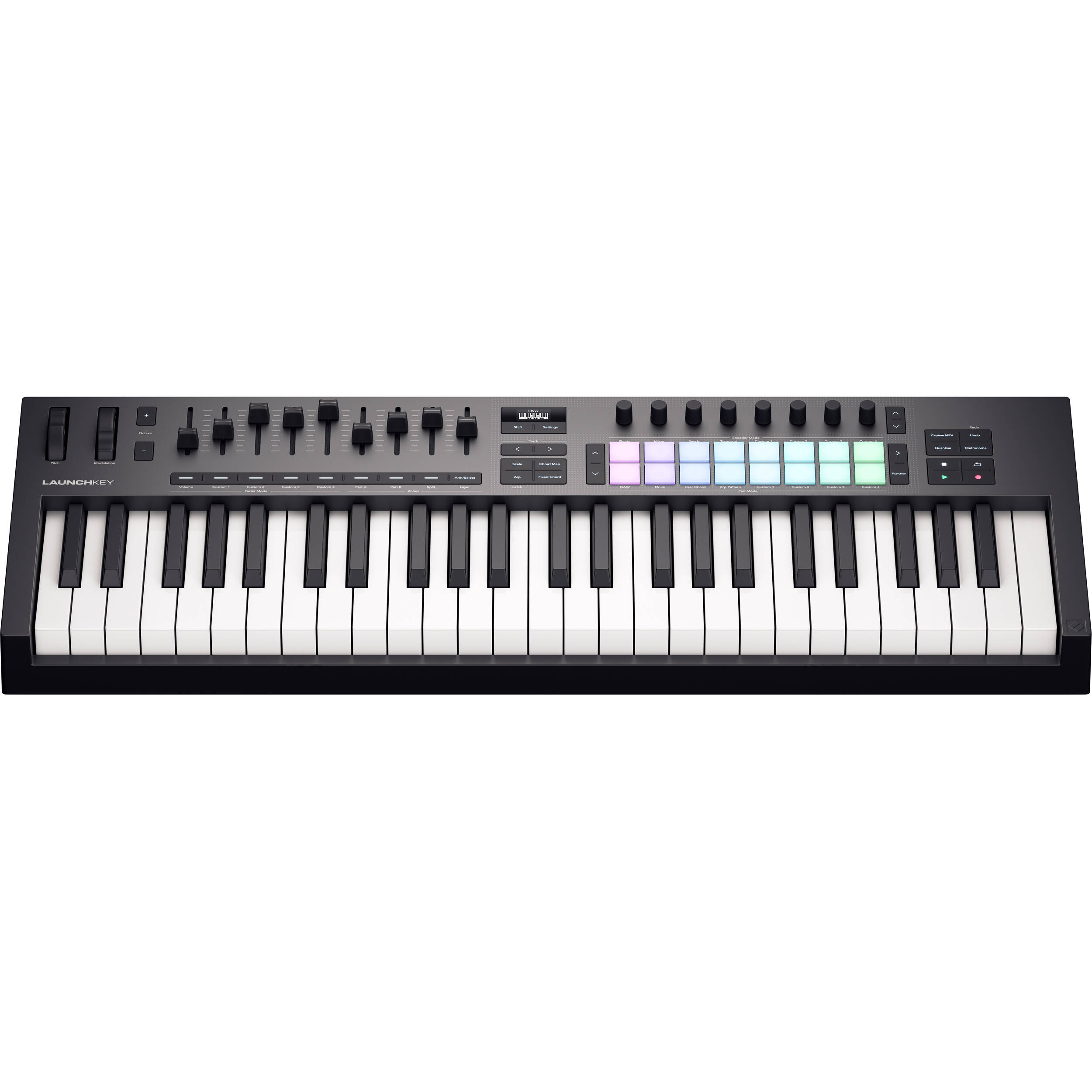 Novation Launchkey 49 MK4 MIDI keyboard with 49 keys, programmable controls, and integrated software for music production.