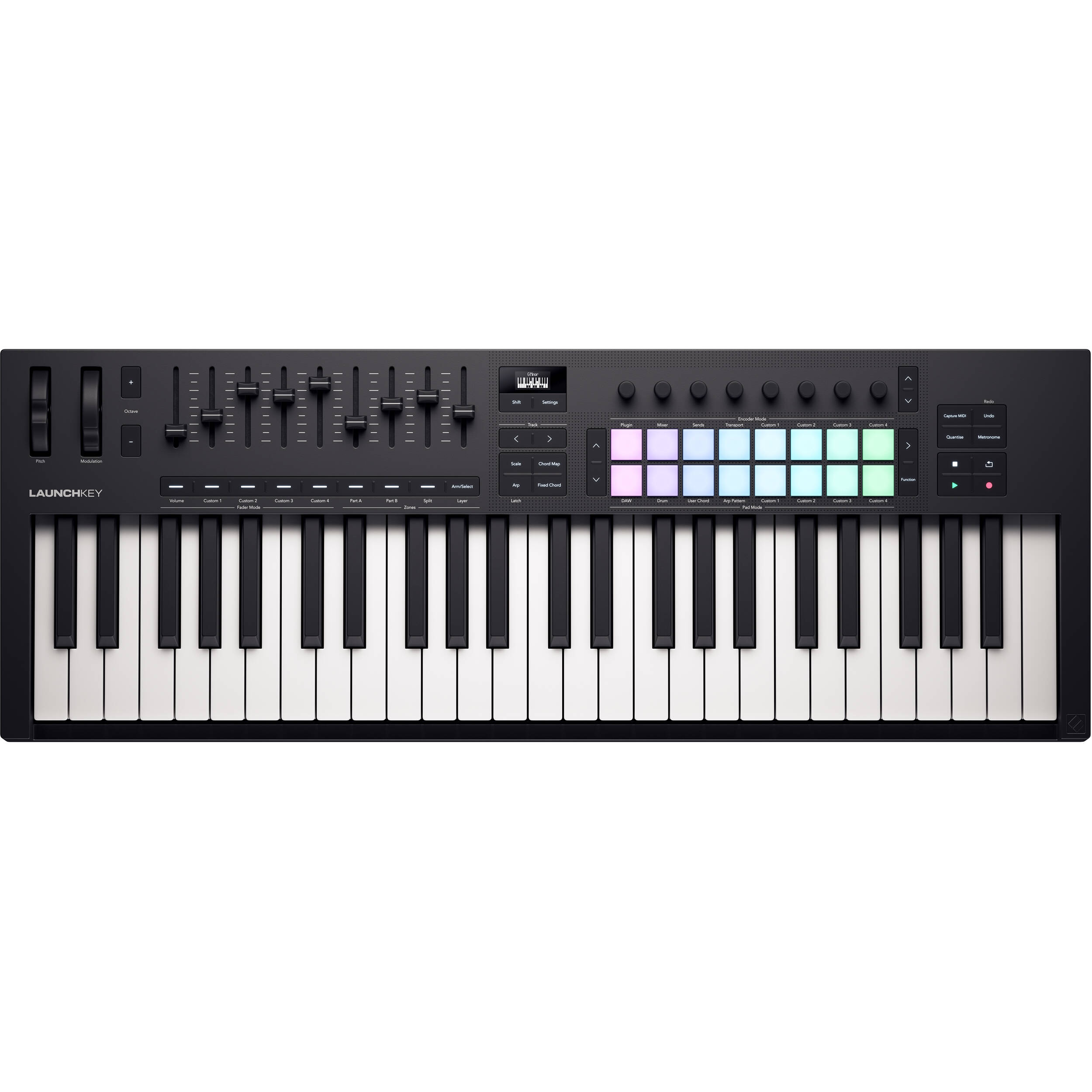 Novation Launchkey 49 MK4 MIDI keyboard with 49 keys, control knobs, and pads for music production and live performance.