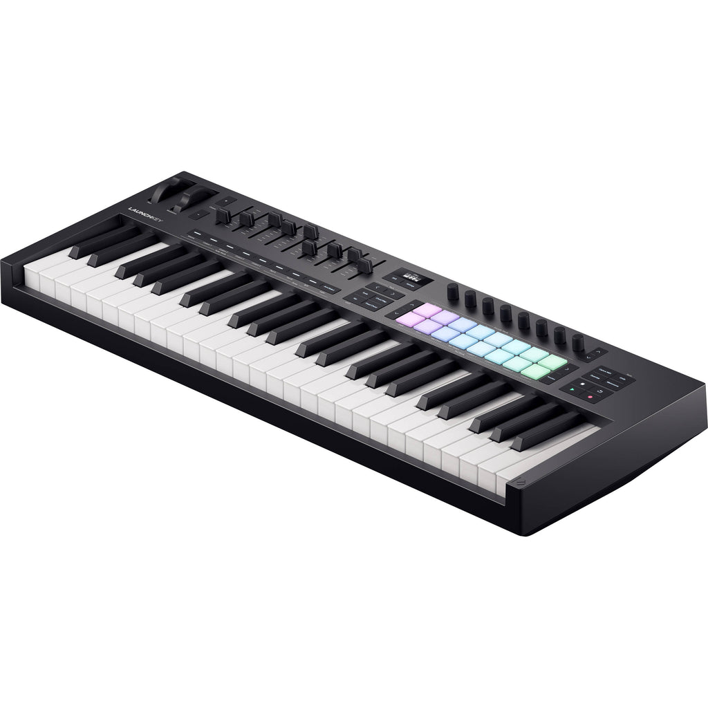 Novation Launchkey 49 MK4 MIDI keyboard with 49 keys, control knobs, and pads for music production and performance.