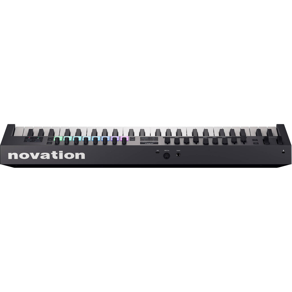 Novation Launchkey 49 MK4 MIDI keyboard with keys, control knobs, and pads for music production and live performance.