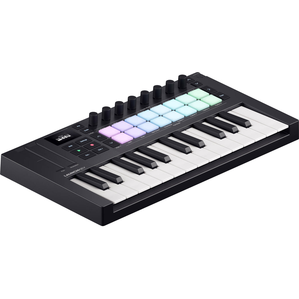 Novation Launchkey Mini 25 MK4 MIDI keyboard with 25 keys, control knobs, and pads for music production and performance.
