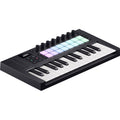 Novation Launchkey Mini 25 MK4 MIDI keyboard with 25 keys, control knobs, and pads for music production and performance.