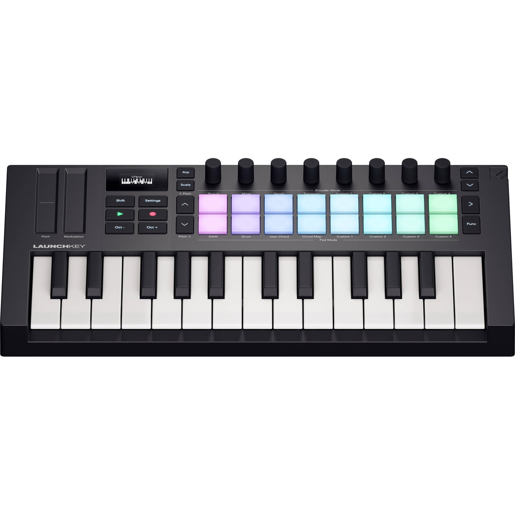 Novation Launchkey Mini 25 MK4 MIDI keyboard with 25 keys, control knobs, and pads for music production and performance.