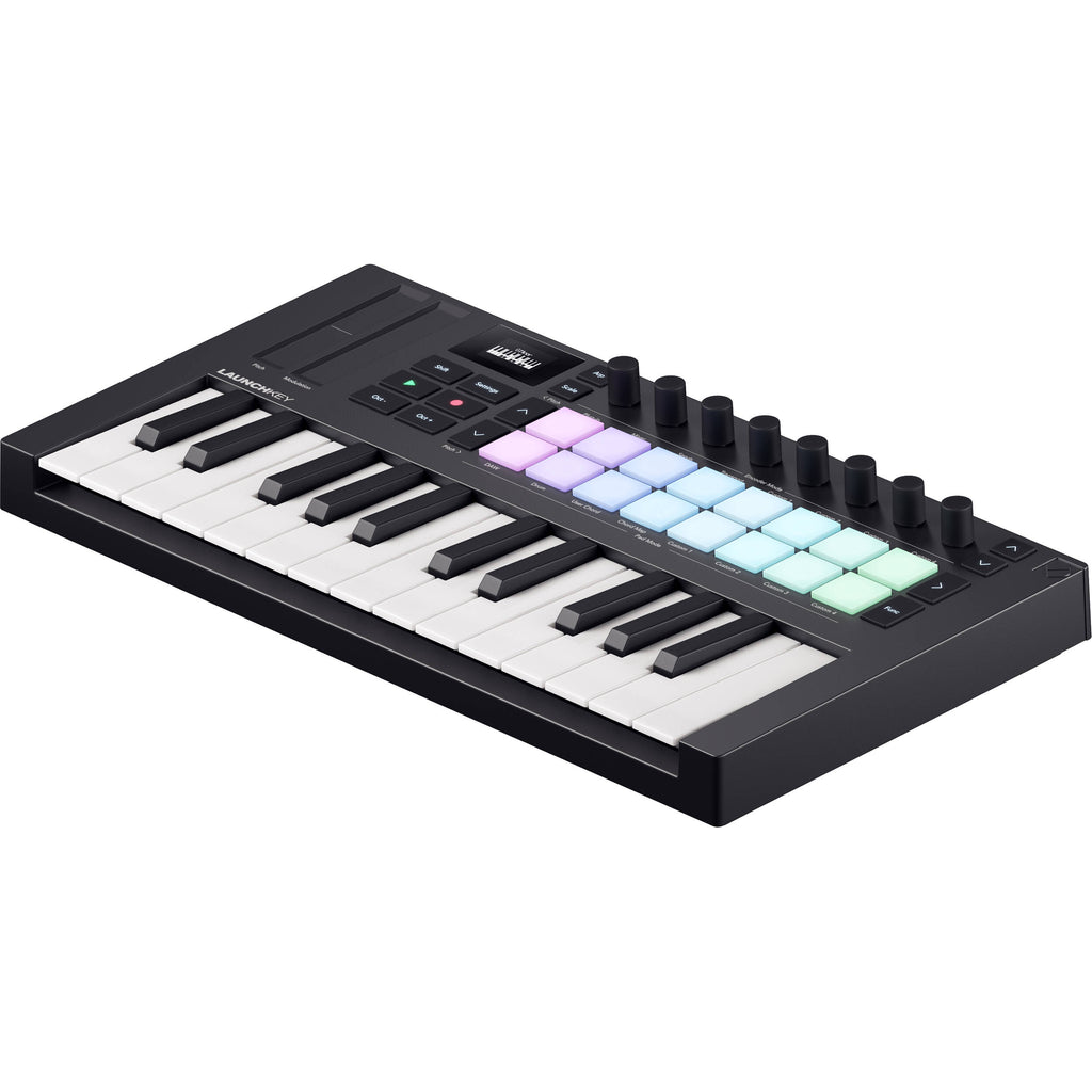 Novation Launchkey Mini 25 MK4 MIDI keyboard with 25 keys, control knobs, and drum pads for music production.