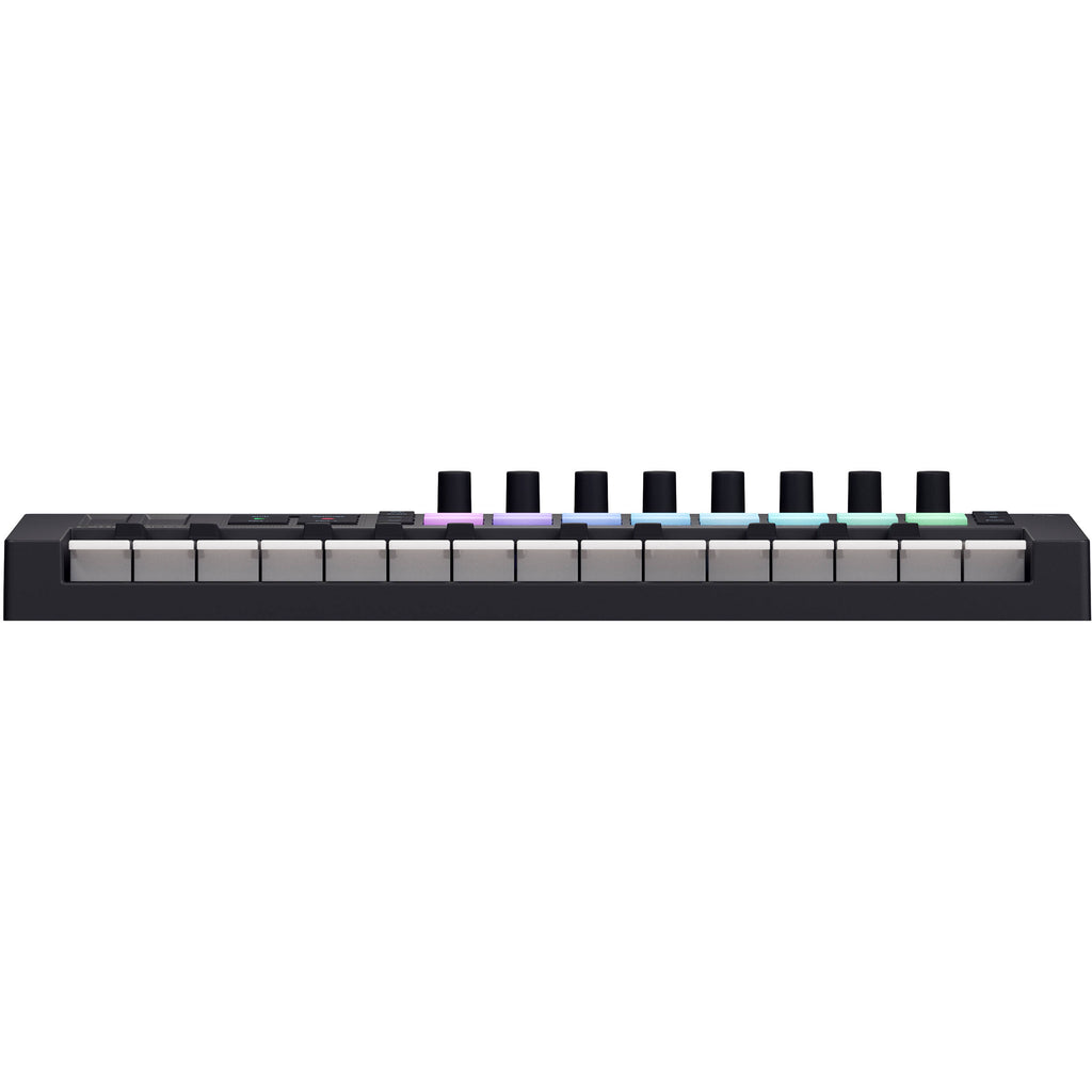 Novation Launchkey Mini 25 MK4 MIDI keyboard with 25 keys, control knobs, and pads for music production and live performance.
