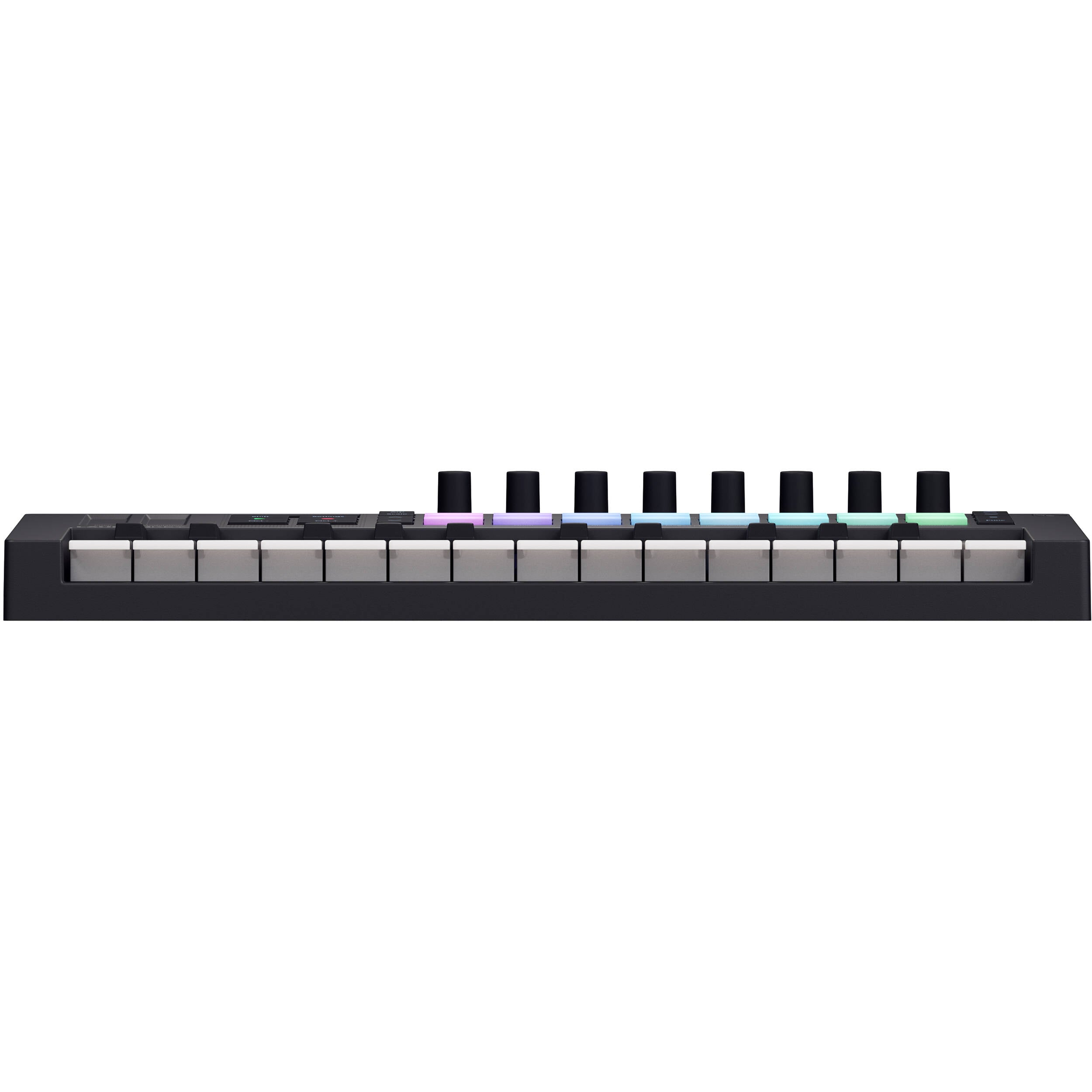 Novation Launchkey Mini 25 MK4 MIDI keyboard with 25 keys, control knobs, and pads for music production and live performance.