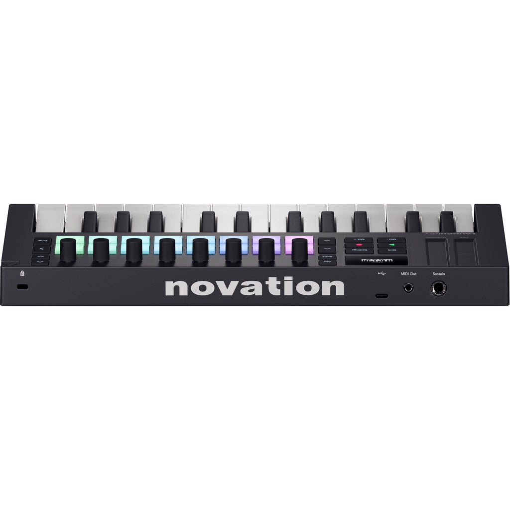 Novation Launchkey Mini 25 MK4 MIDI keyboard with 25 keys, control knobs, and pads for music production and performance.