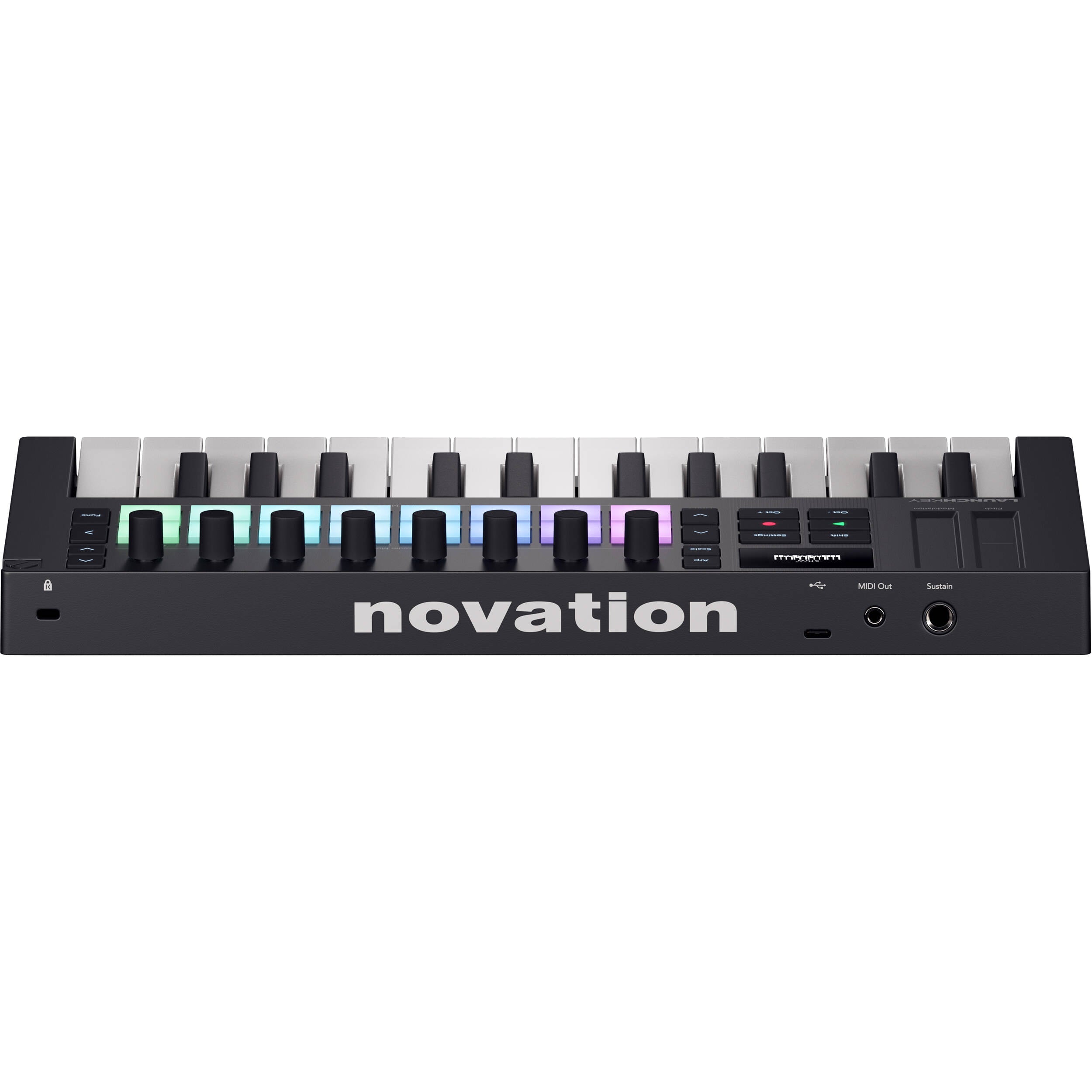 Novation Launchkey Mini 25 MK4 MIDI keyboard with 25 keys, control knobs, and pads for music production and performance.