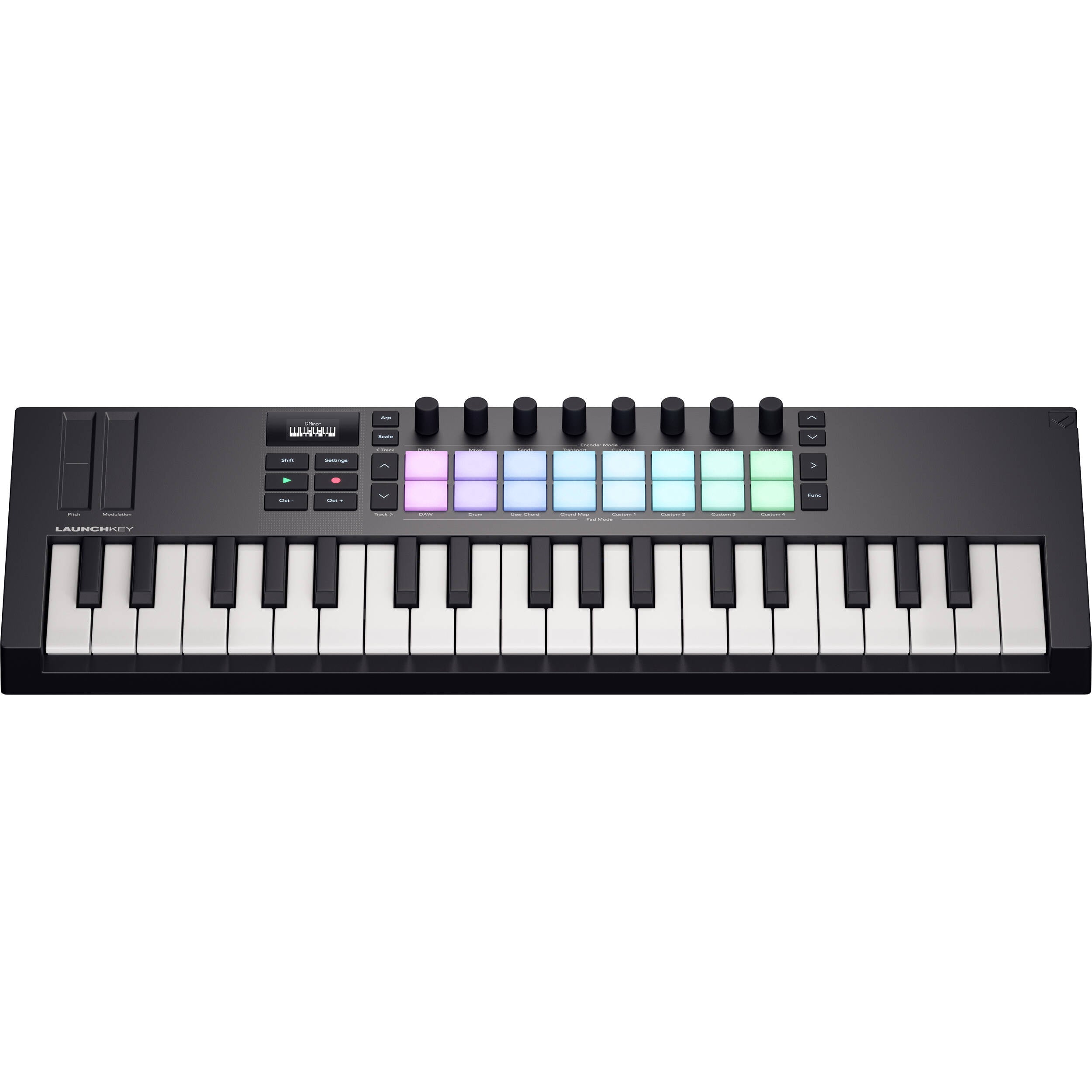 Novation Launchkey Mini 37 MK4 MIDI keyboard with 37 keys, control knobs, and drum pads for music production.