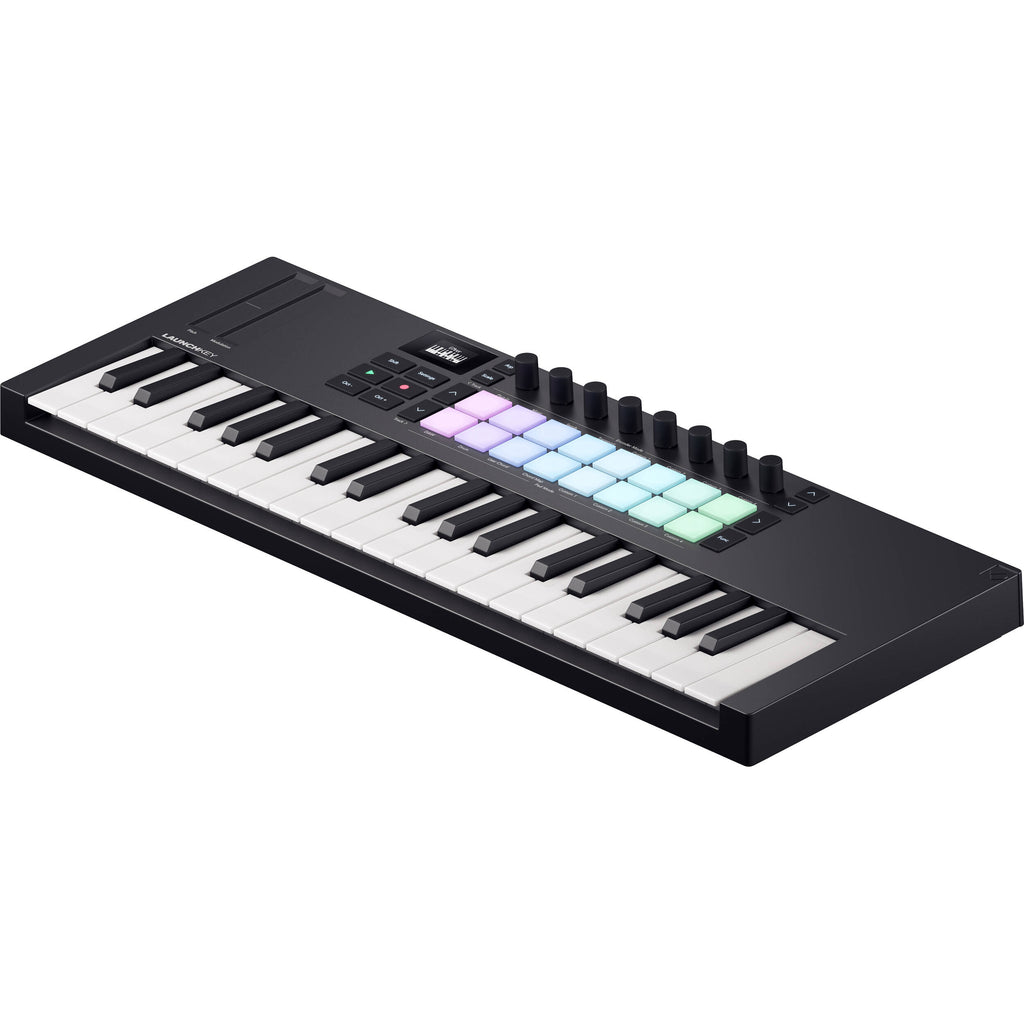Novation Launchkey Mini 37 MK4 MIDI keyboard with 37 keys and control knobs, designed for music production and live performance.
